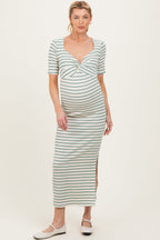 Cream/ Sage Striped Knit Short Sleeve Maternity Maxi Dress