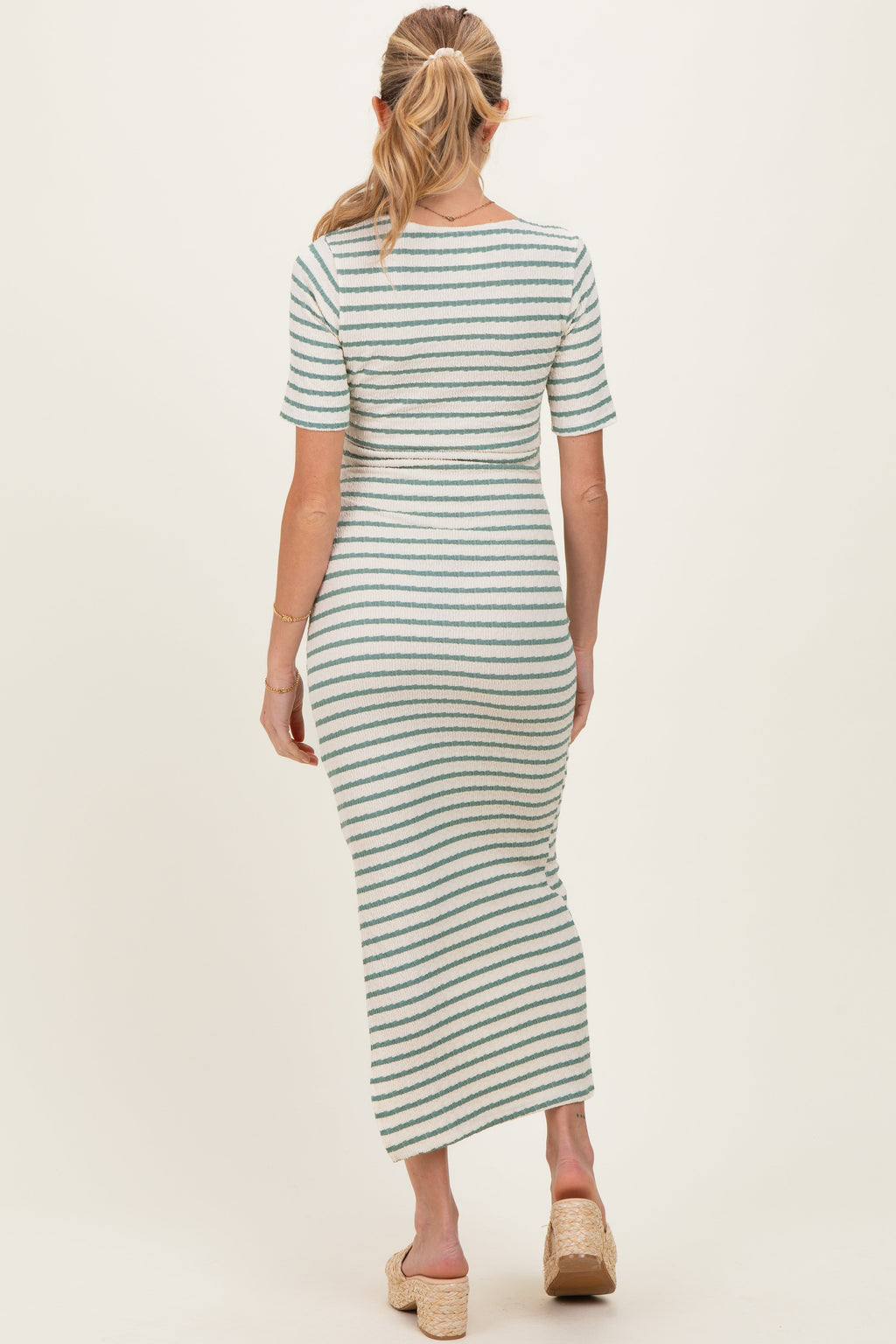 Cream/ Sage Striped Knit Short Sleeve Maternity Maxi Dress