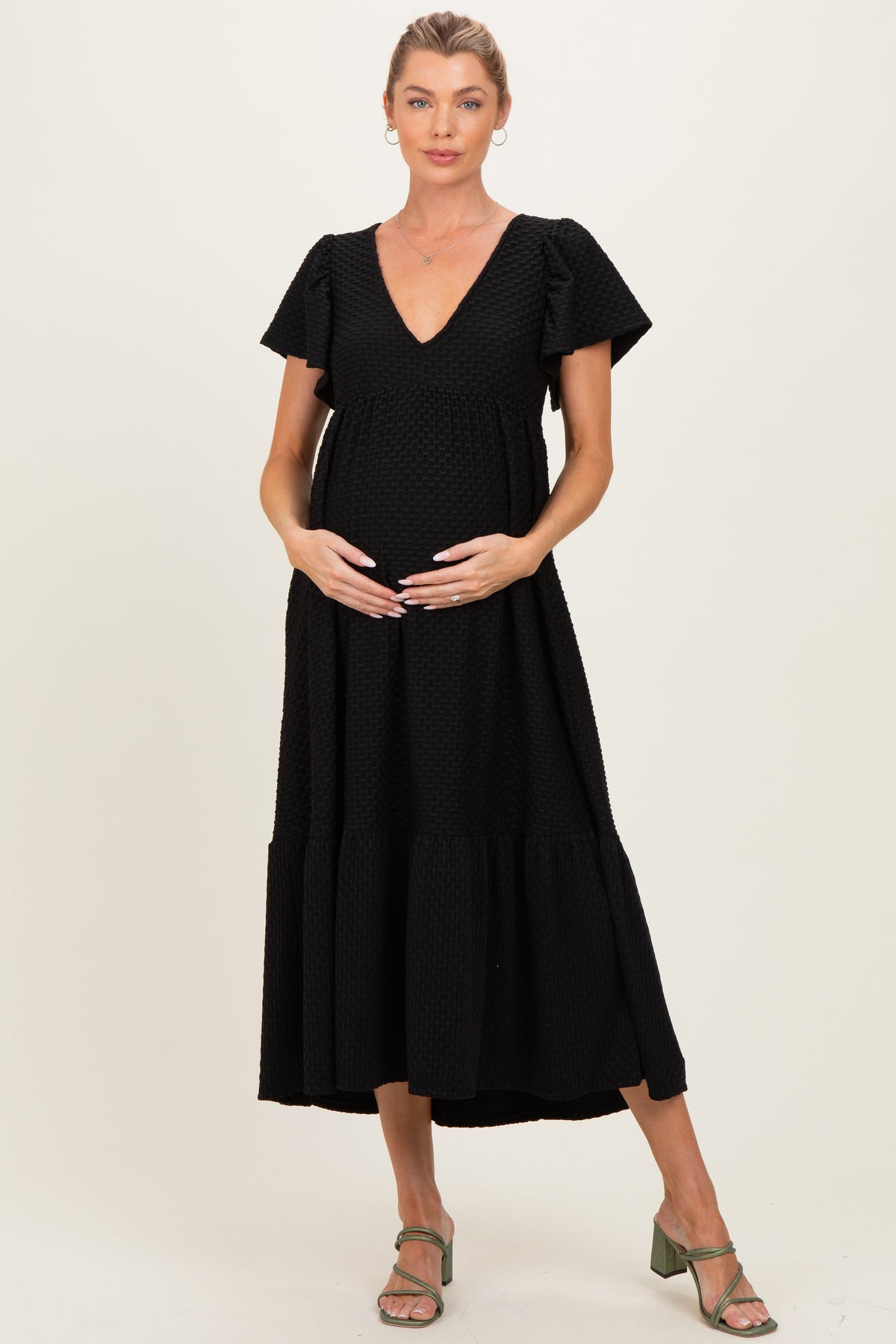 Black Textured Ruffle Hem Maternity Maxi Dress