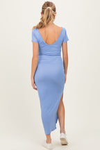 Blue Basic Ribbed Side Slit Maternity Midi Dress