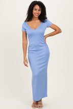 Blue Basic Ribbed Side Slit Maternity Midi Dress
