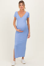 Blue Basic Ribbed Side Slit Maternity Midi Dress