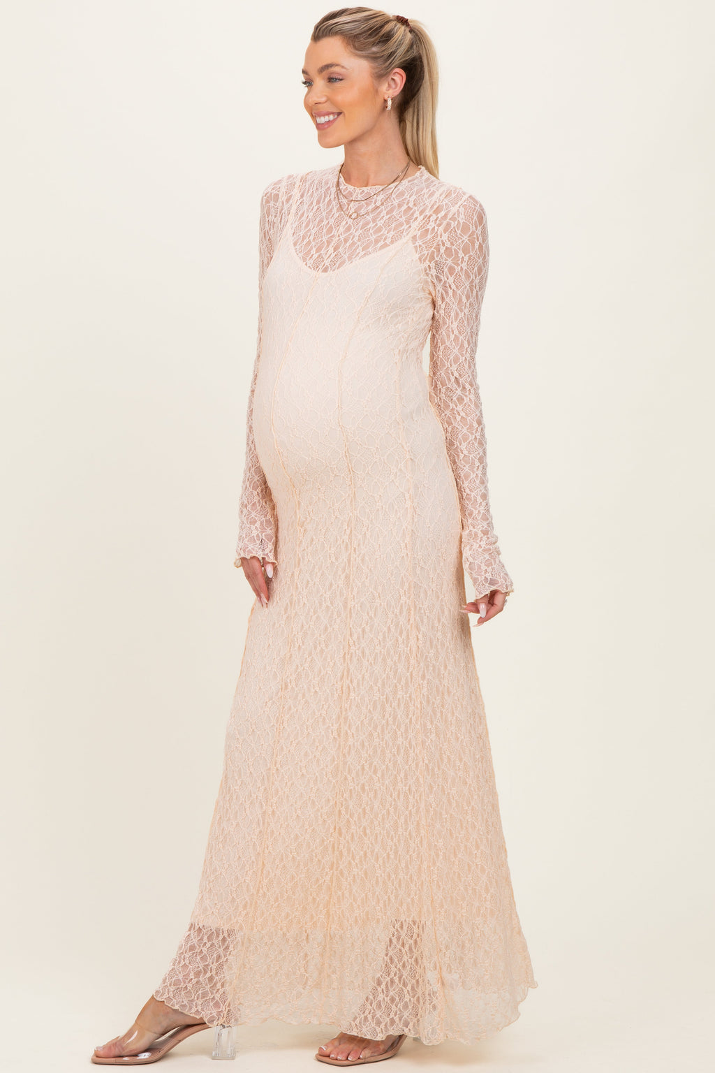 Beige Lace Mock Neck Long Sleeve Maternity Maxi Dress