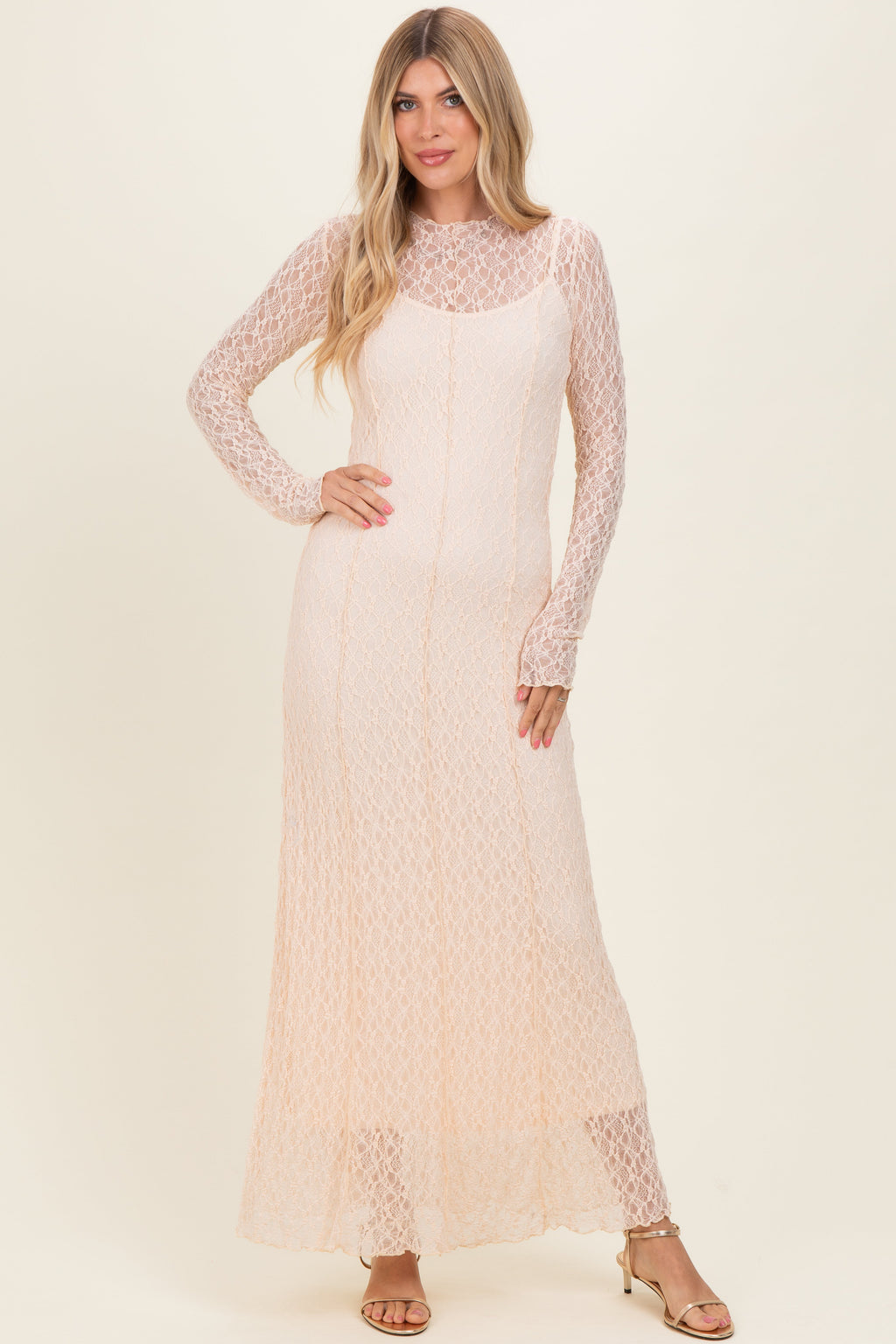 Beige Lace Mock Neck Long Sleeve Maternity Maxi Dress