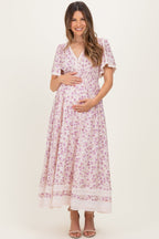 Lavender Floral Lace Trim Flutter Sleeve Maternity Maxi Dress