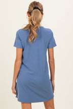 Blue Ribbed Knit Basic Short Sleeve Maternity T-Shirt Dress