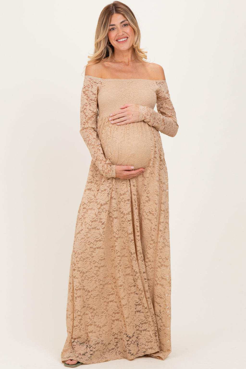 Gold Floral Lace Long Sleeve Off Shoulder Maternity Maxi Dress