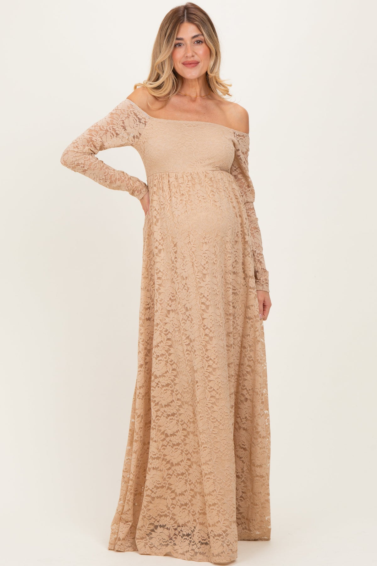 Gold Floral Lace Long Sleeve Off Shoulder Maternity Maxi Dress
