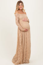 Gold Floral Lace Long Sleeve Off Shoulder Maternity Maxi Dress