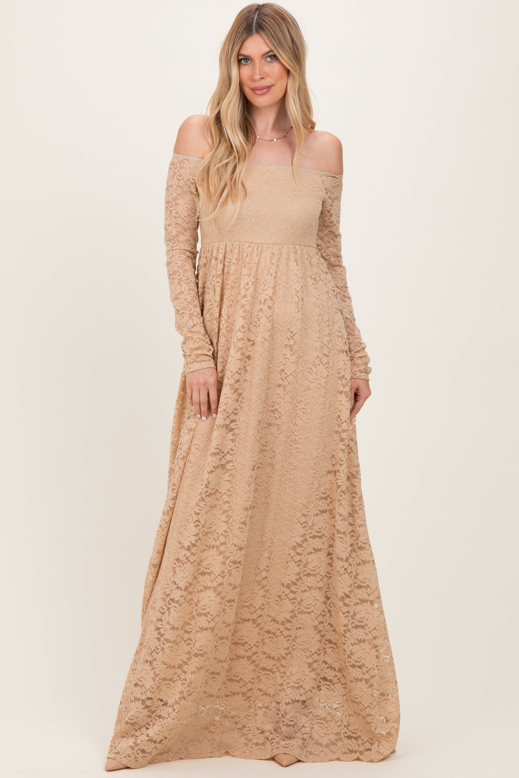Gold Floral Lace Long Sleeve Off Shoulder Maternity Maxi Dress
