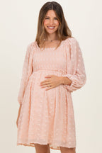 Peach Textured Dot Smocked Square Neck Chiffon Maternity Dress
