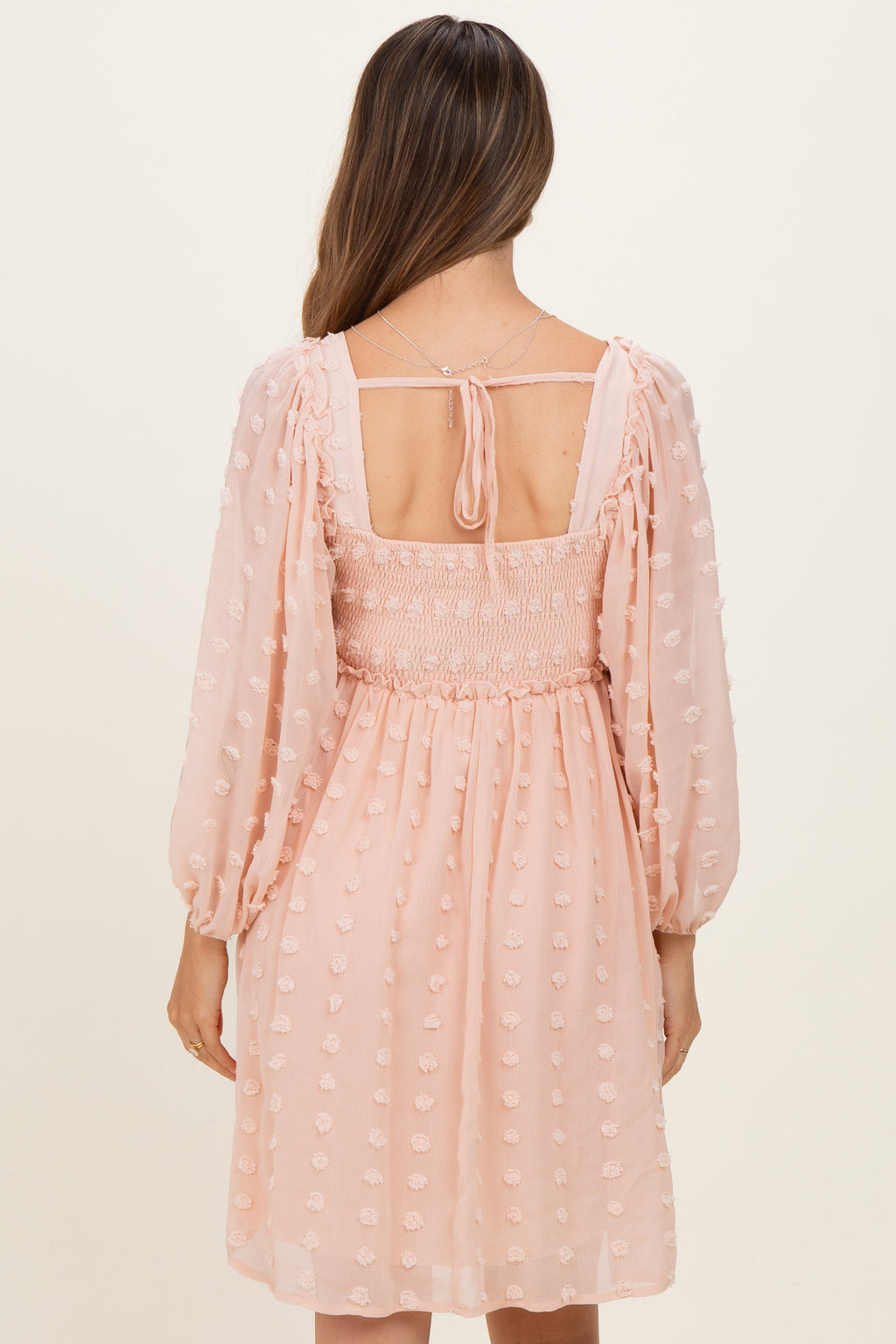 Peach Textured Dot Smocked Square Neck Chiffon Maternity Dress
