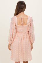 Peach Textured Dot Smocked Square Neck Chiffon Maternity Dress