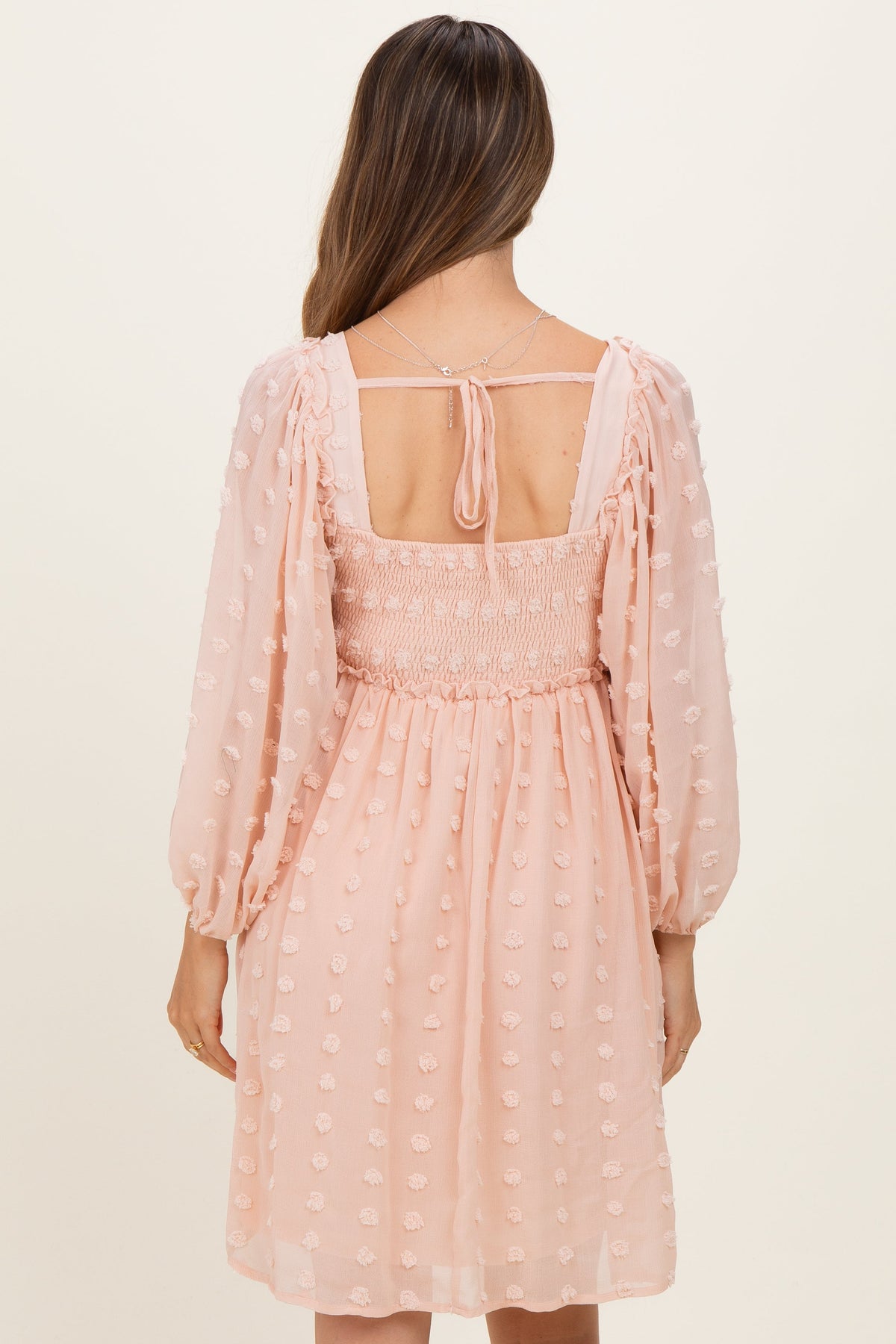 Peach Textured Dot Smocked Square Neck Chiffon Maternity Dress