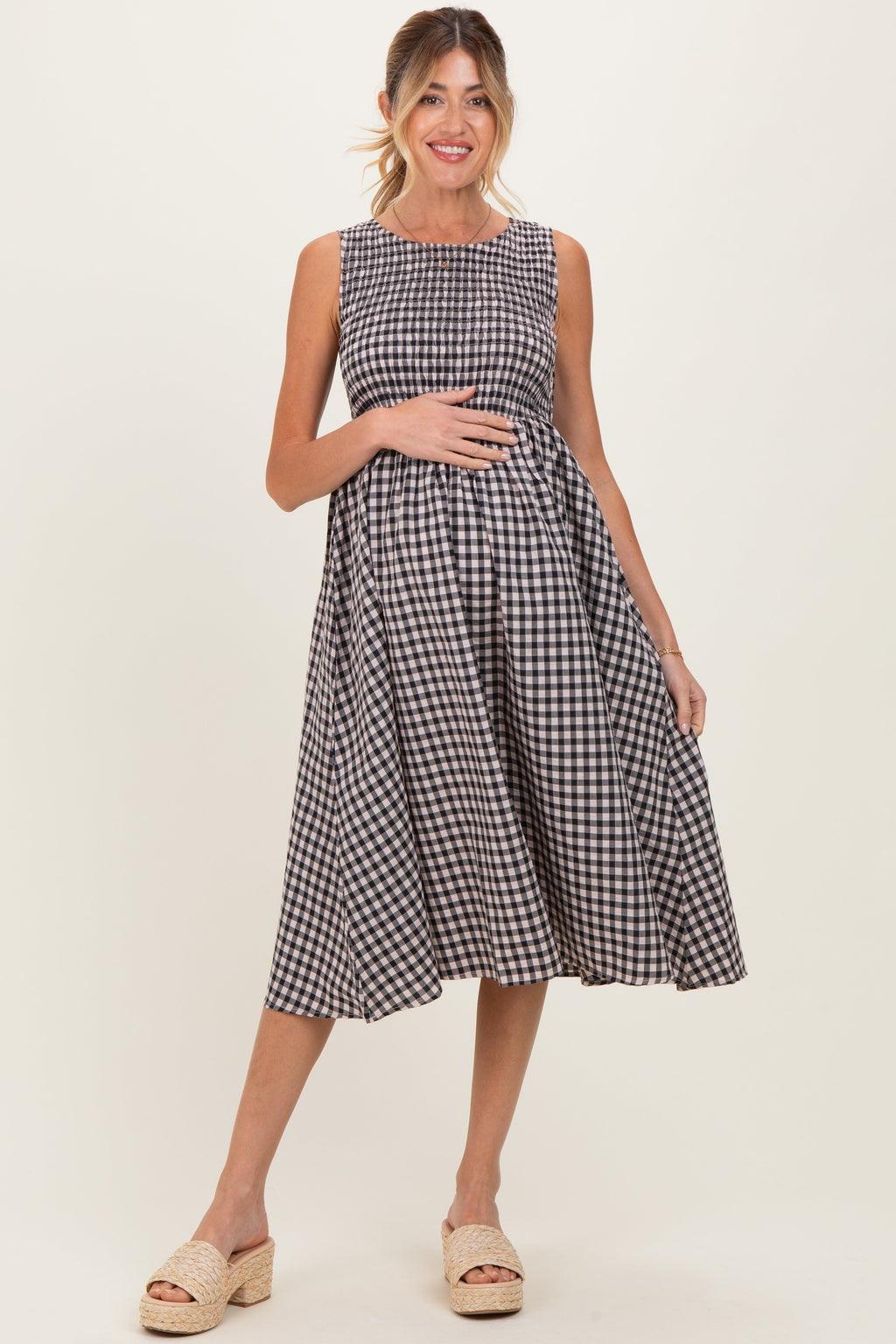 Black Gingham Smocked Sleeveless Maternity Midi Dress