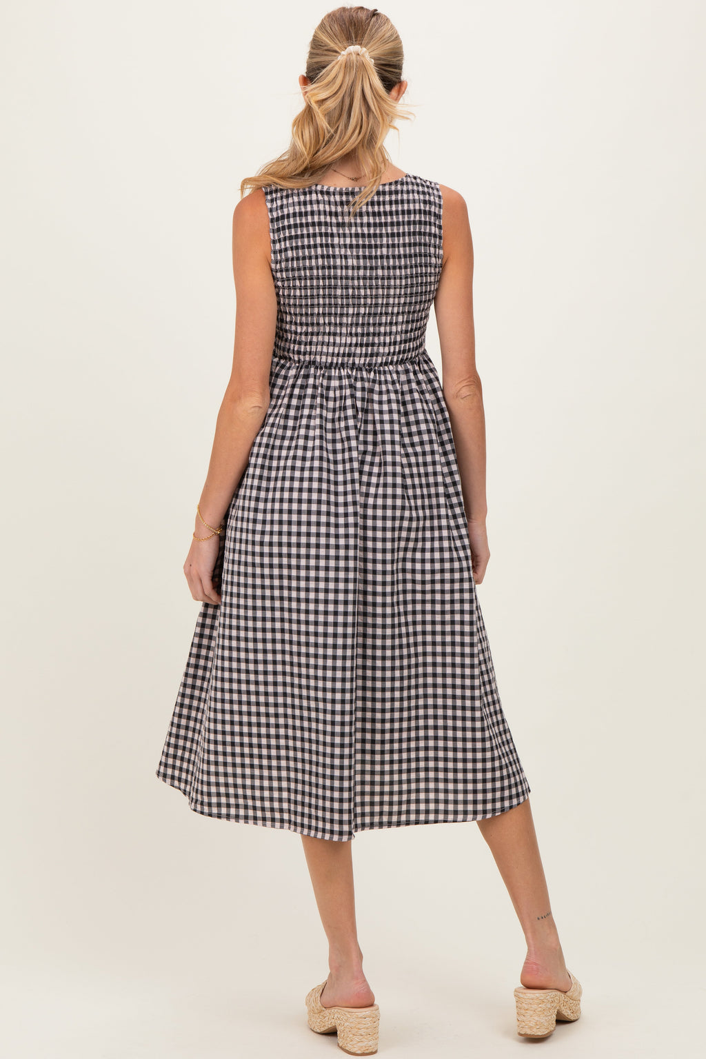 Black Gingham Smocked Sleeveless Maternity Midi Dress