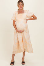 Yellow Gingham Pleated Square Neck Maternity Midi Dress