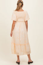 Yellow Gingham Pleated Square Neck Maternity Midi Dress