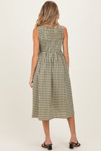 Olive Gingham Smocked Sleeveless Maternity Midi Dress