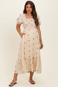 Cream Embroidered Smocked Maternity Midi Dress
