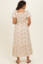 Cream Embroidered Smocked Maternity Midi Dress