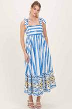 Blue Striped Shoulder Tie Printed Hem Maternity Midi Dress