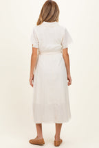 Beige Button Down Frayed Maternity Midi Dress