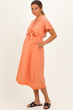 Salmon Button Down Frayed Maternity Midi Dress