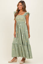 Green Floral Embroidered Smocked Maternity Maxi Dress