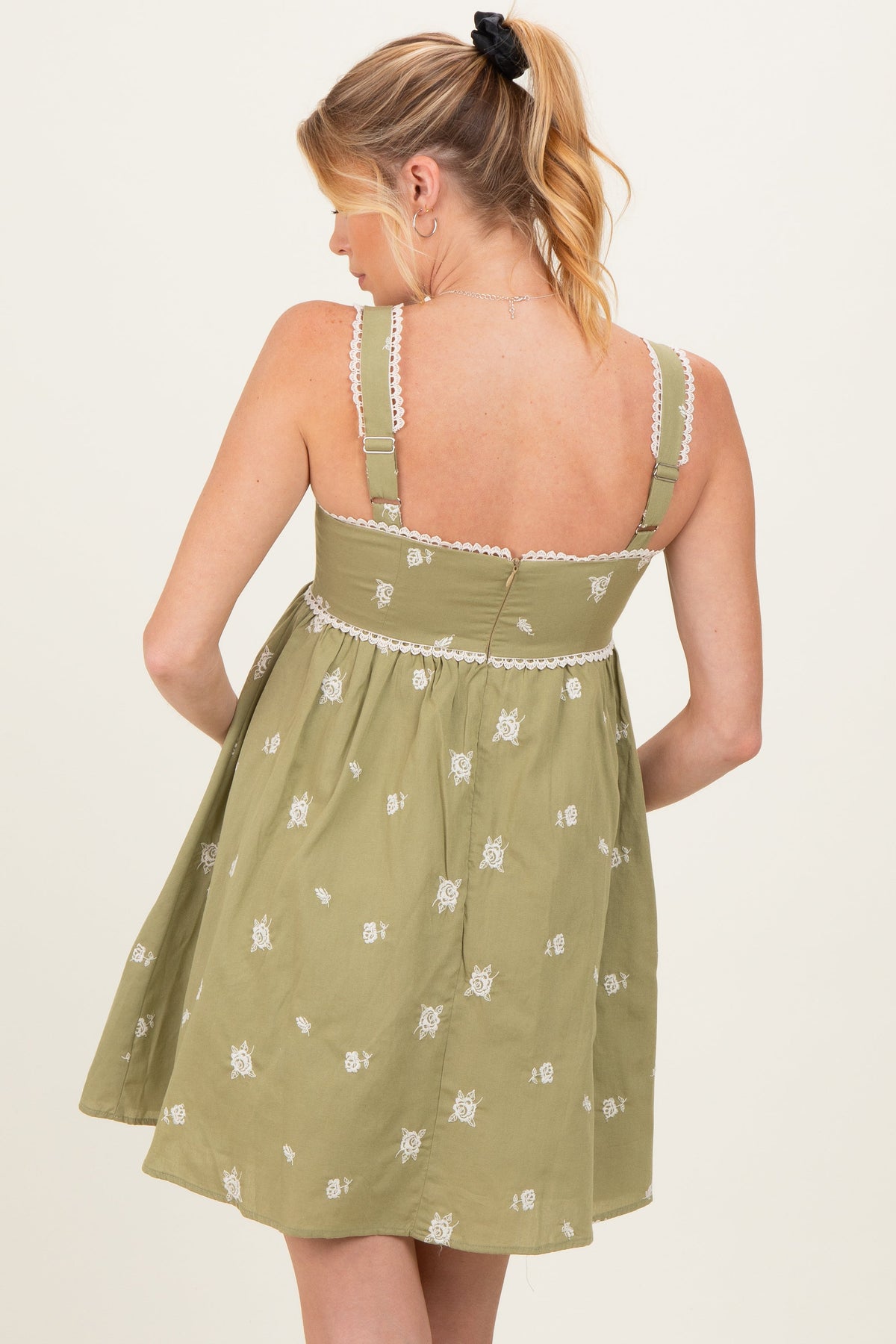 Sage Floral Scallop Trim Maternity Mini Dress
