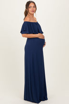 Navy Ruffle Off Shoulder Maternity Maxi Dress