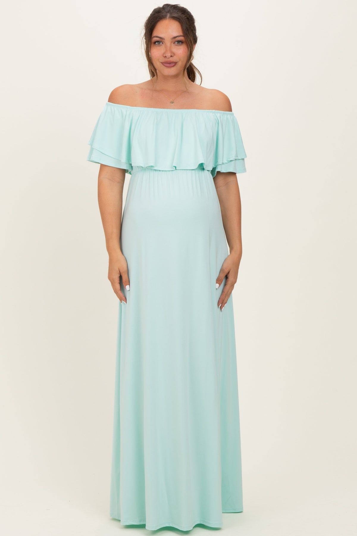 Mint Ruffle Off Shoulder Maternity Maxi Dress