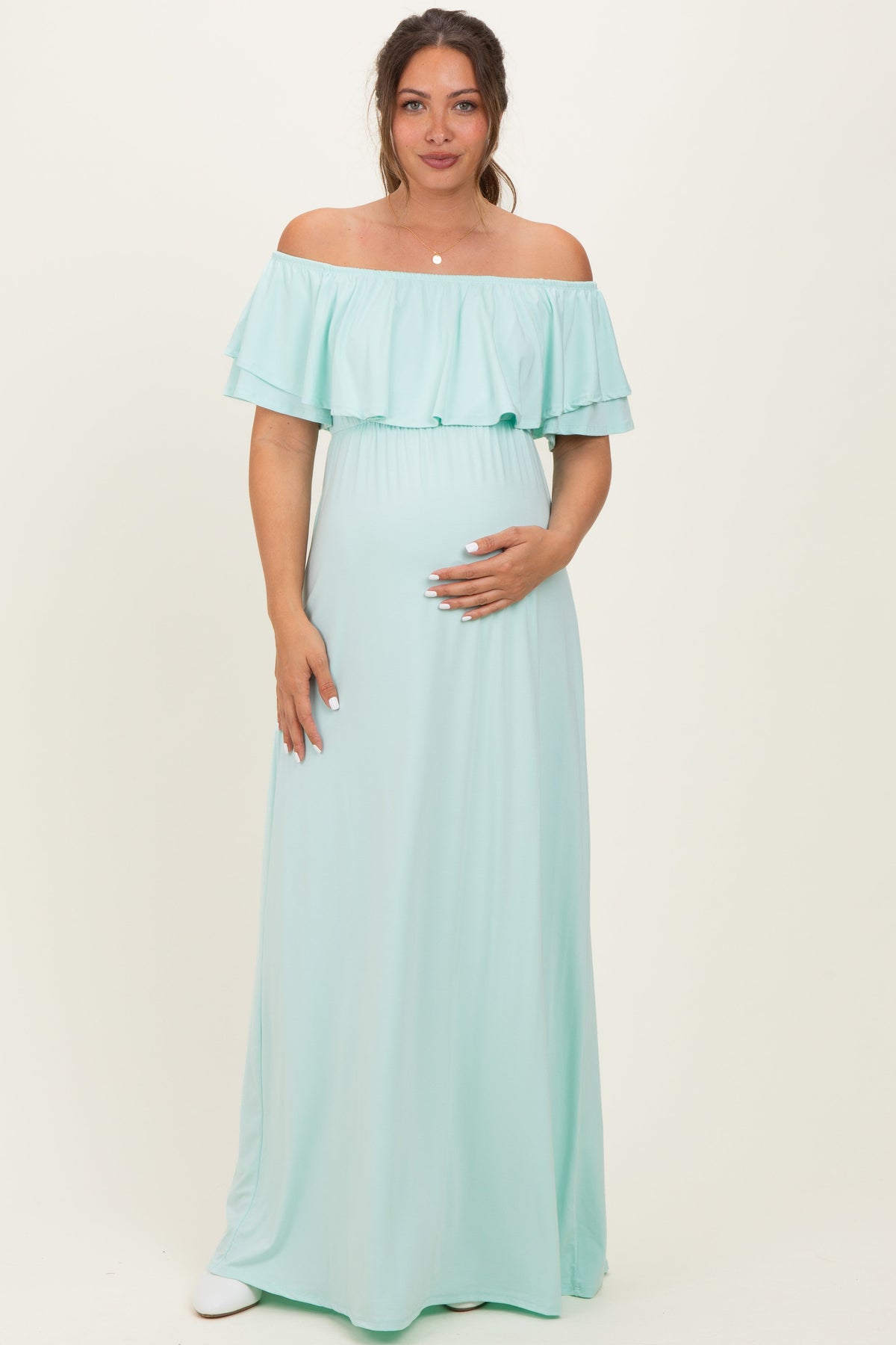 Mint Ruffle Off Shoulder Maternity Maxi Dress
