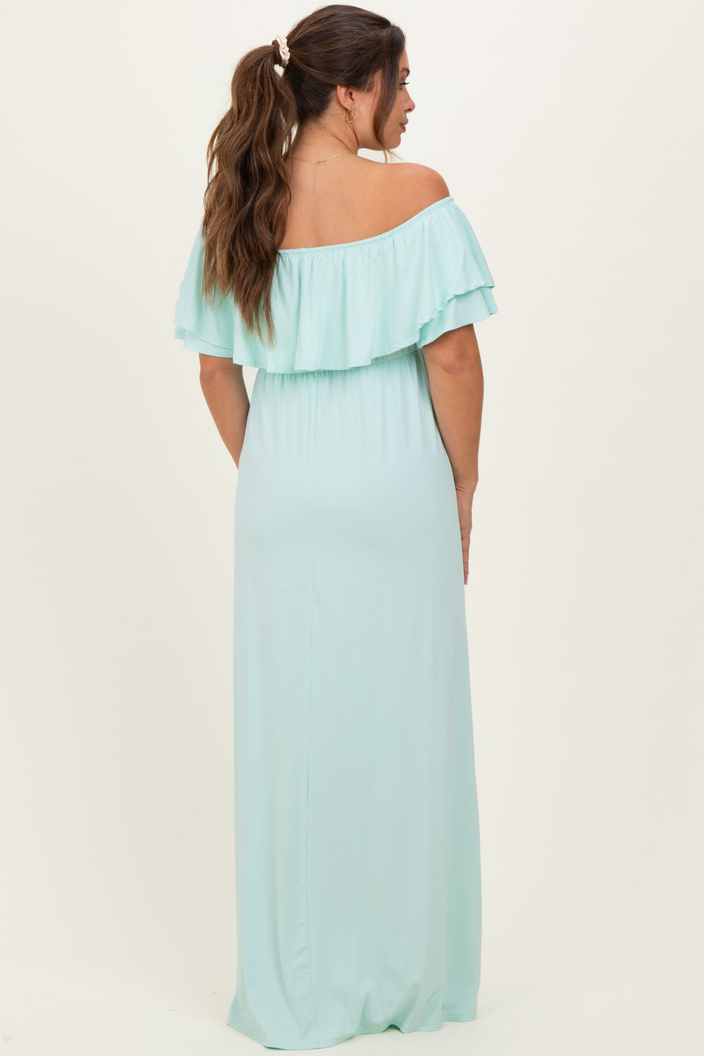 Mint Ruffle Off Shoulder Maternity Maxi Dress