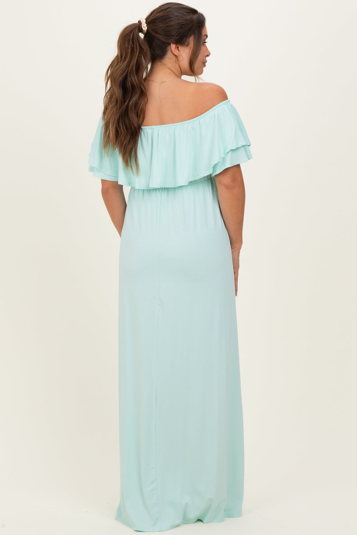 Mint Ruffle Off Shoulder Maternity Maxi Dress