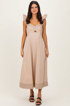 Beige Cutout Seam Detail Maternity Midi Dress