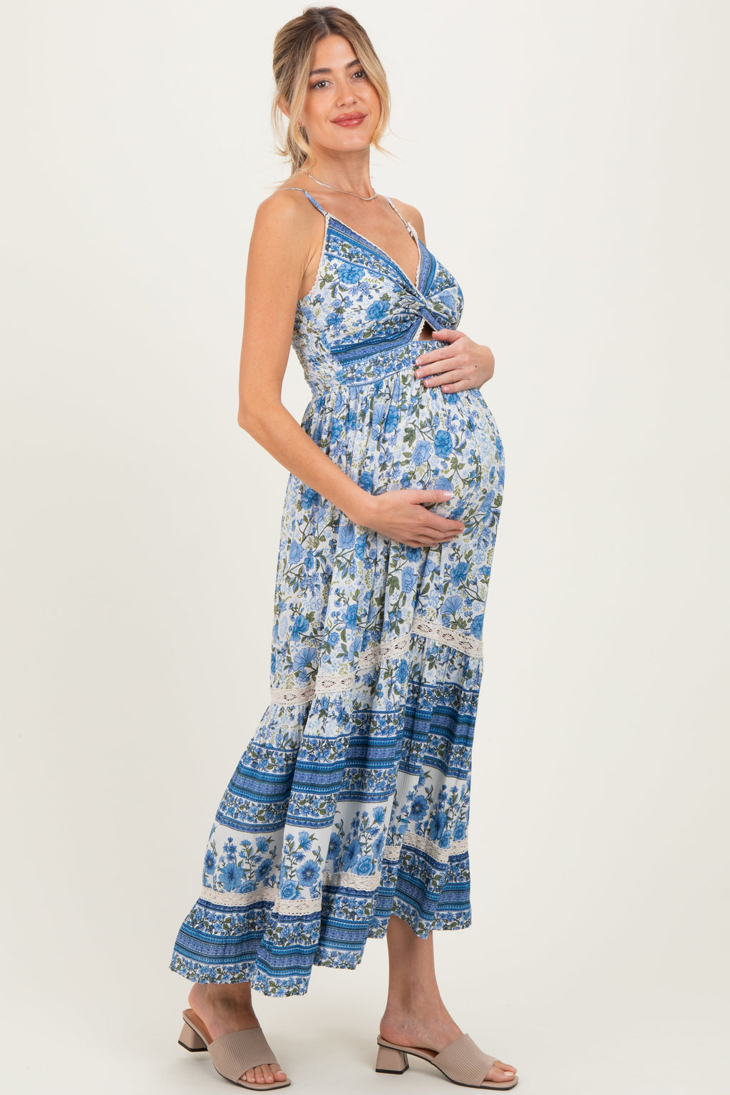 Blue Floral Twist Cutout Maternity Maxi Dress