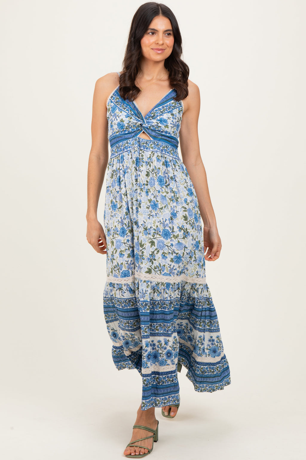Blue Floral Twist Cutout Maternity Maxi Dress