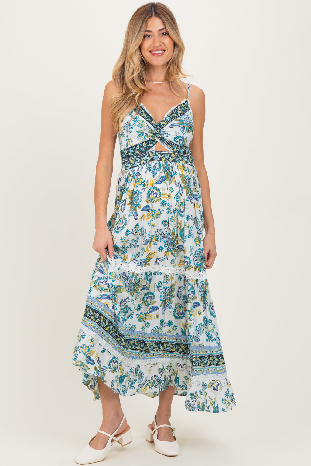 Ivory Floral Twisted Front Lace Detail Maternity Maxi Dress