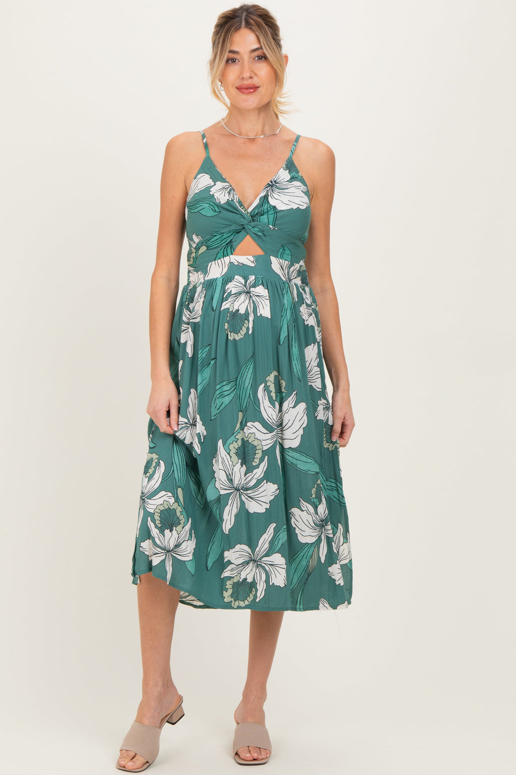 Jade Floral Twisted Front Cutout Maternity Midi Dress
