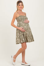 Olive Floral Smocked Sleeveless Maternity Mini Dress