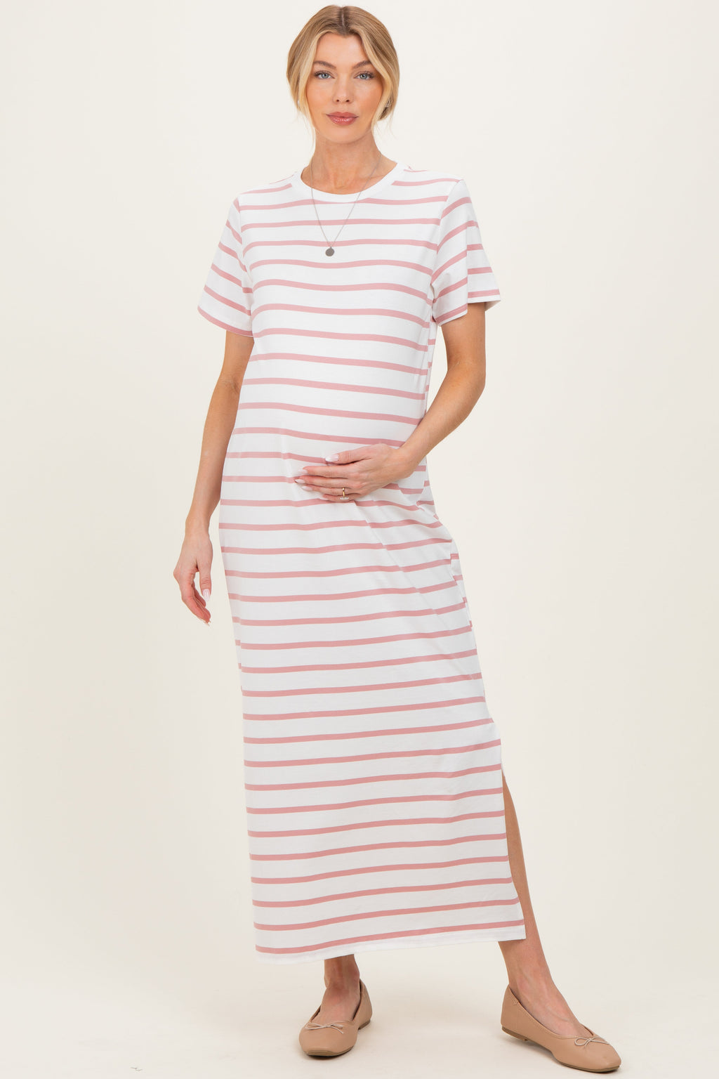 Peach Striped Side Slit Maternity Maxi Dress