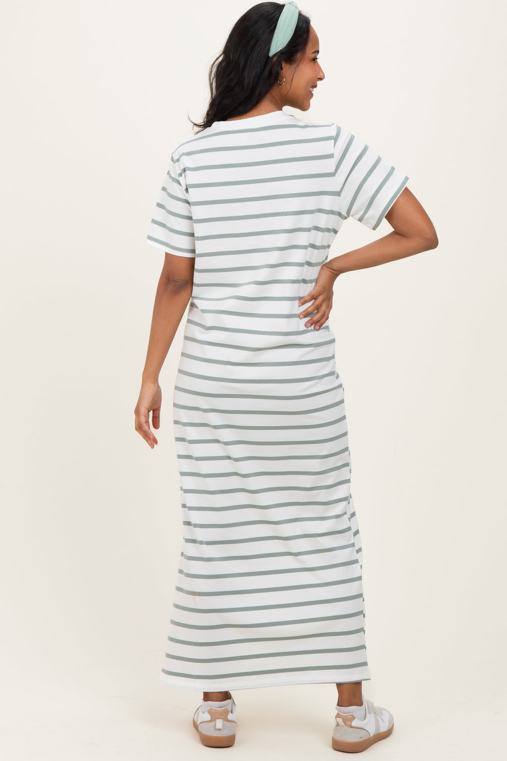 Sage Striped Side Slit Maternity Maxi Dress