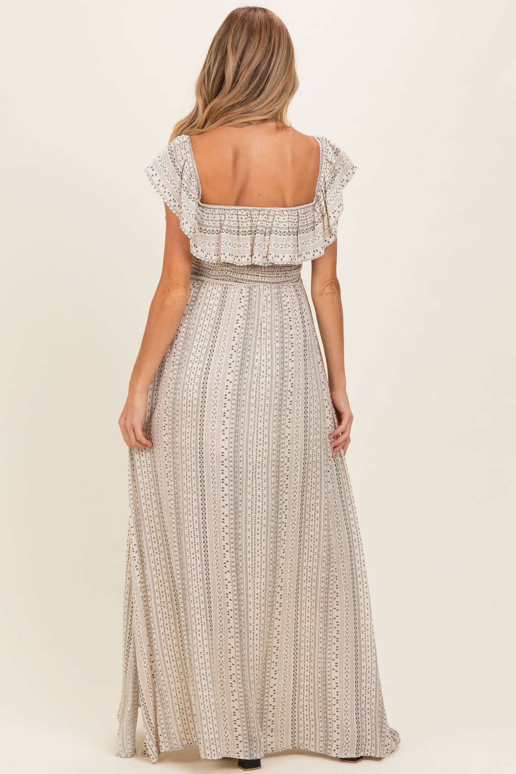 Beige Ruffle Off Shoulder Maternity Maxi Dress