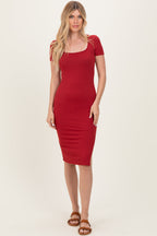 Red Square Neck Side Slit Maternity Midi Dress