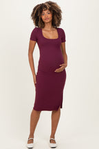 Wine Square Neck Side Slit Maternity Midi Dress