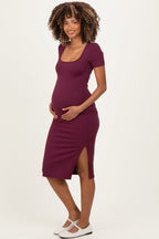 Wine Square Neck Side Slit Maternity Midi Dress