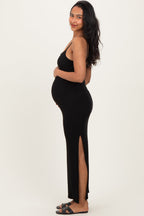 Black Button Detail Sleeveless High Slit Maternity Maxi Dress
