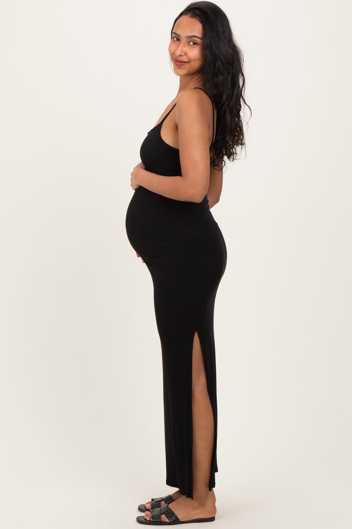 Black Button Detail Sleeveless High Slit Maternity Maxi Dress