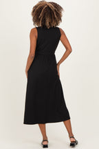 Black Ribbed Mock Neck Sleeveless Maternity Midi Dress